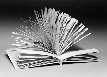 The 1961 edition of Cent mille milliards de poèmes fanned open, its sonnet strips splayed.